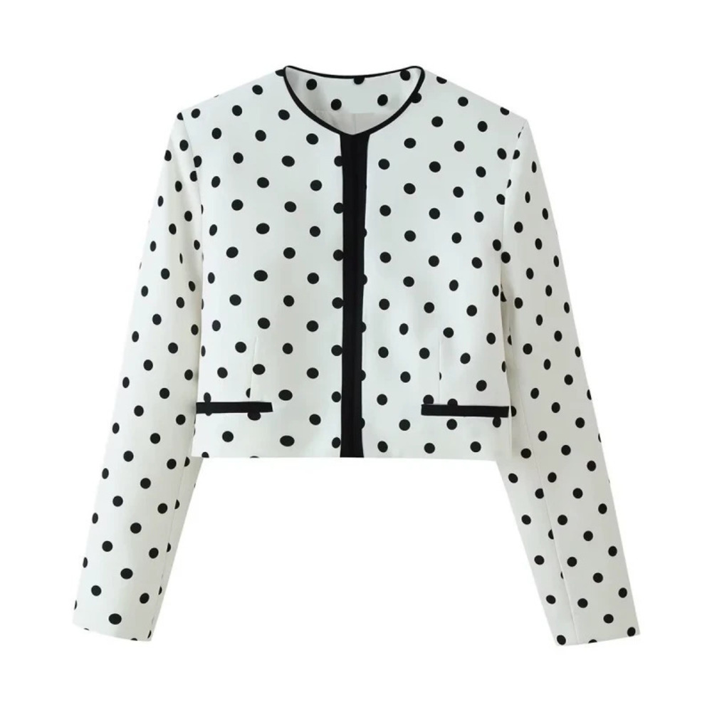 ZARA French Vintage Round Neck Contrast Trim Polka Dot Short Blazer